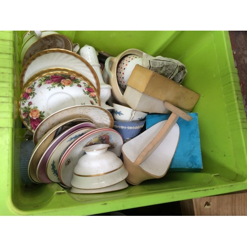 366 - THREE BOXES AND WICKER LAUNDRY BASKET CONTAINING MIXED CHINA, VINTAGE BOOKS,  TRUCKER CASE, ETC.