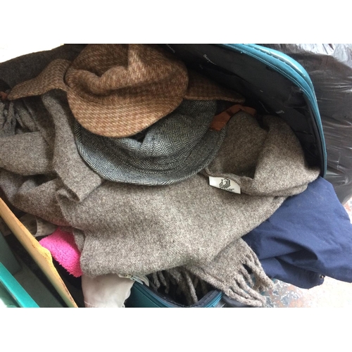 367 - SUITCASE, BAG AND BOX CONTAINING MIXED ITEMS TO INCLUDE: GENTLEMANS CLOTHES, MIXED CHINA, GLASSWARE,... 