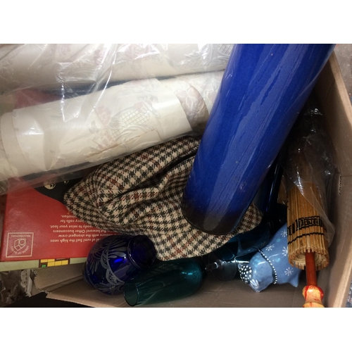 367 - SUITCASE, BAG AND BOX CONTAINING MIXED ITEMS TO INCLUDE: GENTLEMANS CLOTHES, MIXED CHINA, GLASSWARE,... 