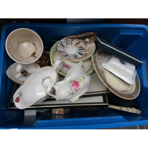 372 - TWO BOXES CONTAINING MIXED ITEMS TO INCLUDE: CERAMICS, FRAMED PRINTS, MINIATURE CHEST OF DRAWERS (IN... 