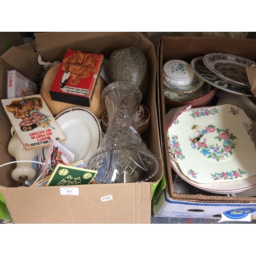 373 - FIVE BOXES CONTAINING MIXED ITEMS TO INCLUDE: GLASSWARE, 23 BEATRIX POTTER BOOKS, VINTAGE MUSICAL BO... 