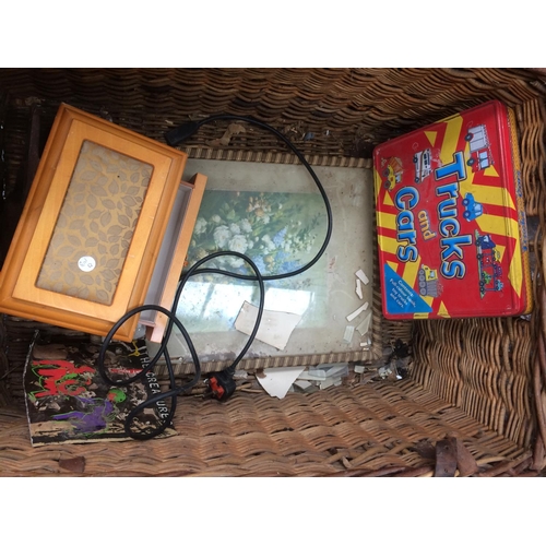 376 - TWO VINTAGE WICKER MILL BASKETS AND GALVANISED GARDEN BUCKET