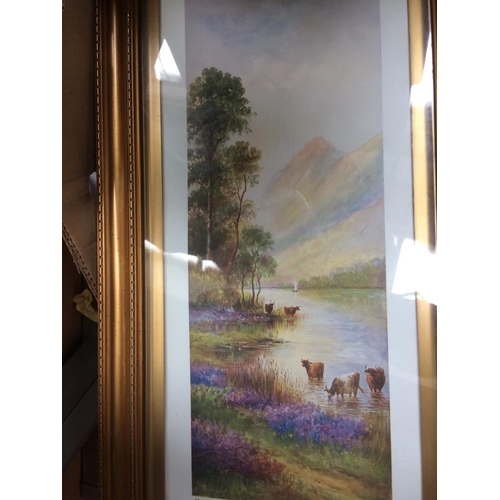 379 - A BOX CONTAINING FIVE FRAMED PICTURES AND PRINTS TO INCLUDE A GOLD FRAMED CATTLE AND MOUNTAIN SCENE ... 