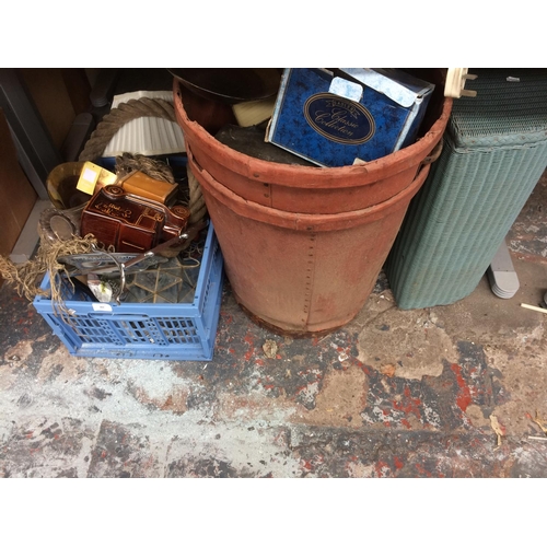 382 - CRATE, BUCKET AND LLOYD LOOM LINEN BASKET CONTAINING MIXED ITEMS TO INCLUDE:  NAUTICAL ROPE, BISCUIT... 