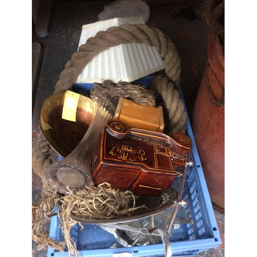 382 - CRATE, BUCKET AND LLOYD LOOM LINEN BASKET CONTAINING MIXED ITEMS TO INCLUDE:  NAUTICAL ROPE, BISCUIT... 