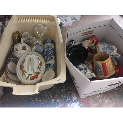 387 - FIVE BOXES AND CASE CONTAINING MIXED ITEMS TO INCLUDE: GLASSWARE, ROYAL WORCESTER TUREEN, ORIENTAL S... 