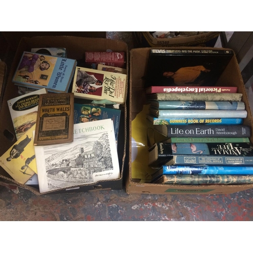 396 - TWO BOXES CONTAINING VARIOUS BOOKS TO INCLUDE: LIFE ON EARTH, GUINNESS BOOK OF RECORDS, ELVIS THE LE... 