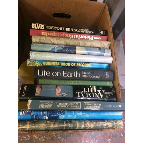 396 - TWO BOXES CONTAINING VARIOUS BOOKS TO INCLUDE: LIFE ON EARTH, GUINNESS BOOK OF RECORDS, ELVIS THE LE... 