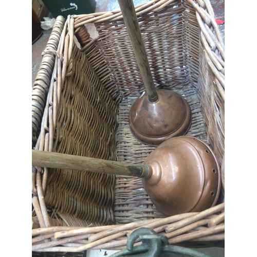 407 - EIGHT ITEMS TO INCLUDE: TWO COPPER VICTORIAN PLUNGERS, WICKER BASKET, ALUMINIUM OIL CAN, ENAMEL COOK... 