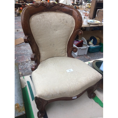 416 - UNUSUAL VICTORIAN MAHOGANY FRAMED APPRENTICE CHAIR WITH CREAM UPHOLSTERED SEAT AND BACK TOGETHER WIT... 