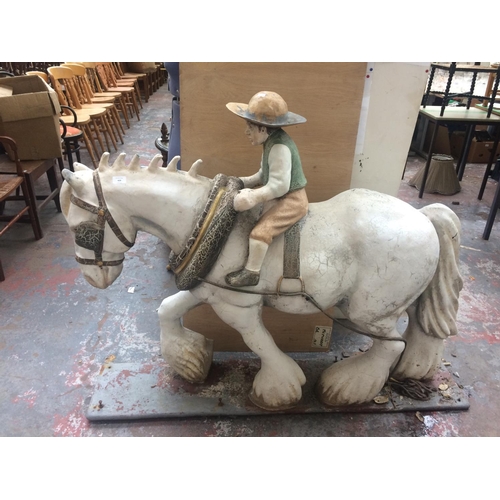 420 - UNUSUAL FIBREGLASS JOCKEY RIDING HORSE FIGURE - LENGTH 134cm HEIGTH 116cm