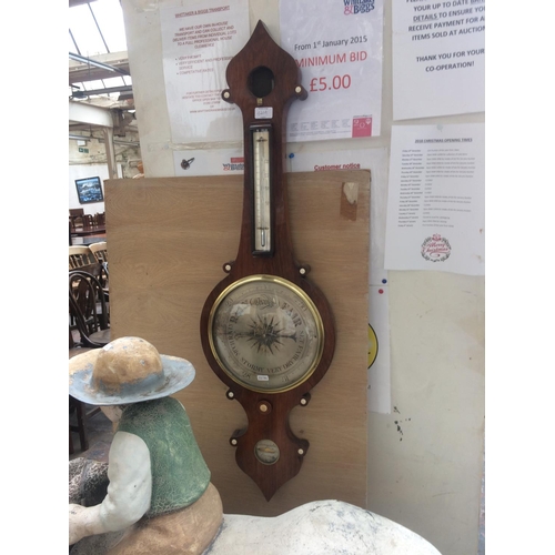 420A - A GOOD QUALITY EDWARDIAN MAHOGANY ANEROID BAROMETER WITH INLAID IVORINE DETAILS