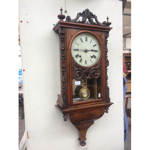 420B - VICTORIAN HEAVILY CARVED BURR WALNUT VIENNA WALL CLOCK WITH PENDULUM AND KEY (KEY IN OFFICE)