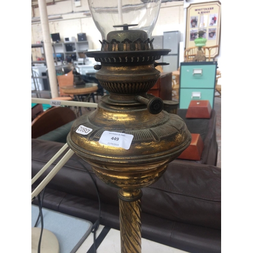 449 - VICTORIAN OIL LAMP WITH BARLEY TWIST BASE AND BRASS RESERVOIR