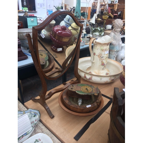 457 - FOUR ITEMS TO INCLUDE TWO TREEN BOWLS, UNUSUAL GERMAN PAICO TIN PLATED OWL CUCKOO CLOCK, EDWARDIAN M... 