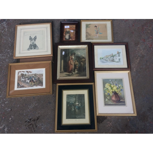 462 - NINE VARIOUS FRAMED PICTURES AND PRINTS TO INCLUDE: OAK FRAMED ENGRAVING OF MOTHER AND DAUGHTER WITH... 