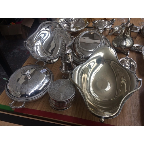 463 - COLLECTION OF GOOD QUALITY PLATED WARE TO INCLUDE: TUREENS, SUGAR BOWL, HANDLED BASKET, COASTERS, SU... 