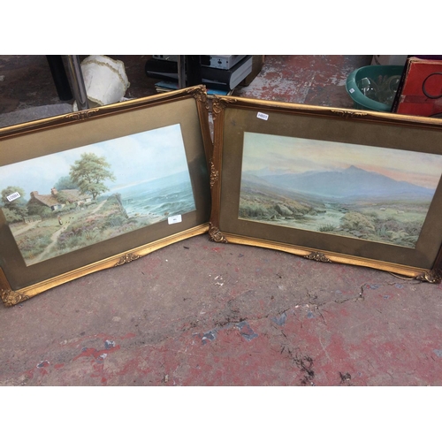 481 - PAIR OF GOOD QUALITY GILT FRAMED PRINTS: MOUNTAIN AND RIVER SCENE, COTTAGE AND SEA SCENE