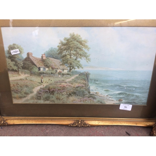 481 - PAIR OF GOOD QUALITY GILT FRAMED PRINTS: MOUNTAIN AND RIVER SCENE, COTTAGE AND SEA SCENE