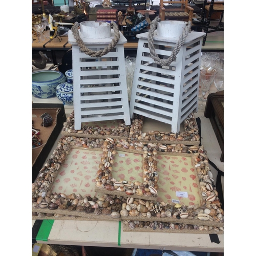 490 - NINE PICTURE FRAMES WITH SHELL BORDERS AND PAIR OF NAUTICAL STYLE GARDEN CANDLE LANTERNS