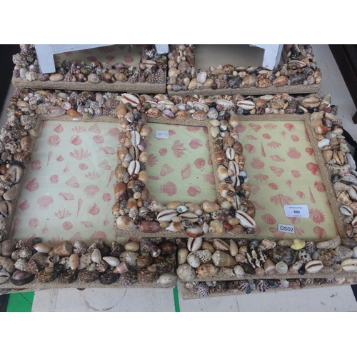 490 - NINE PICTURE FRAMES WITH SHELL BORDERS AND PAIR OF NAUTICAL STYLE GARDEN CANDLE LANTERNS