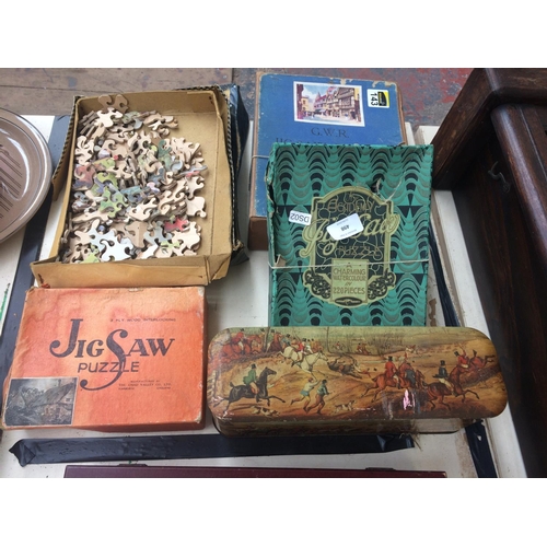 498 - SIX VARIOUS VINTAGE PUZZLES TO INCLUDE: HUNTING PUZZLE, THE ACADEMY JIGSAW, G.W.R. JIGSAW, ETC.