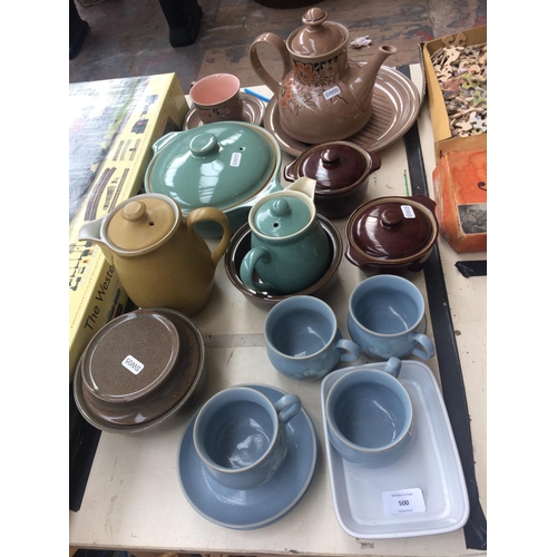 500 - EIGHTEEN PIECES OF MIXED DENBY CHINA TO INCLUDE TUREENS, TEAPOTS, TEACUPS, ETC.