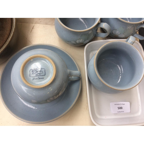 500 - EIGHTEEN PIECES OF MIXED DENBY CHINA TO INCLUDE TUREENS, TEAPOTS, TEACUPS, ETC.