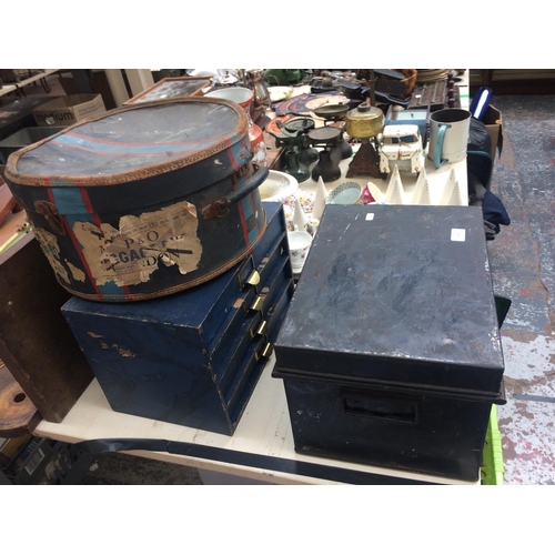 533 - THREE ITEMS TO INCLUDE: VINTAGE METAL DEED BOX, VINTAGE LEATHERETTE HAT BOX, VINTAGE SET OF INDEX DR... 