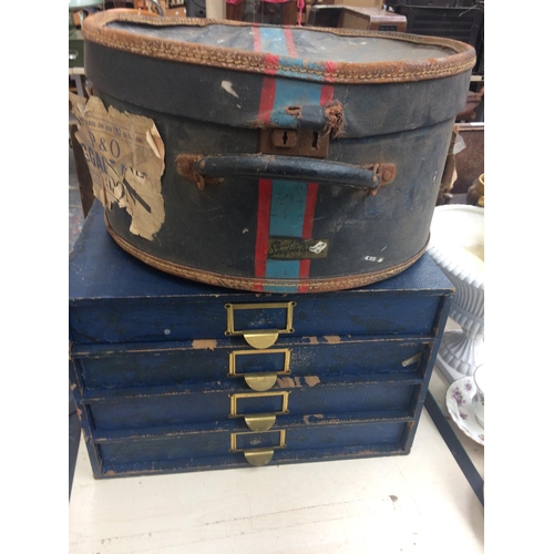 533 - THREE ITEMS TO INCLUDE: VINTAGE METAL DEED BOX, VINTAGE LEATHERETTE HAT BOX, VINTAGE SET OF INDEX DR... 