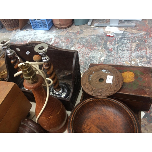 534 - LARGE COLLECTION OF TREEN WARE TO INCLUDE FRUIT BOWL, BAGATELLE BOARD, JEWELLERY BOXES, GALLERIED TR... 