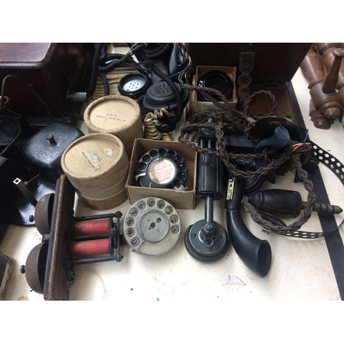 535 - LARGE COLLECTION OF VINTAGE TELEPHONE EQUIPMENT AND SPARES TO INCLUDE: CASES, BOXED DIALS, CABLES, B... 