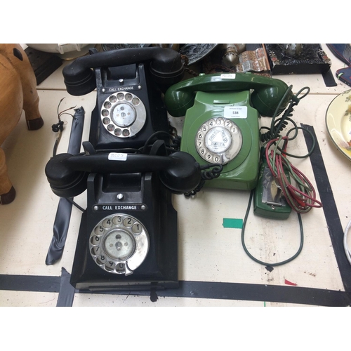 538 - PAIR OF MATCHING G.P.O. DIAL UP CALL EXCHANGE TELEPHONES TOGETHER WITH A GREEN DELTA DIAL UP TELEPHO... 