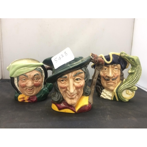 542B - THREE ROYAL DOULTON CHARACTER JUGS TO INCLUDE: PIED PIPER, SAIREY GAMP AND CAPTAIN HOOK ( TWO A/F)