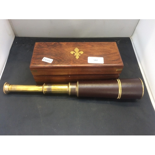 547 - ANTIQUE STYLE PAST TIMES THREE DRAWER TELESCOPE IN BRASS BOUND BOX