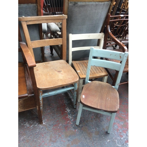 808 - A VINTAGE ELM CHAPEL CHAIR AND TWO SMALL CHILDS CHAIRS