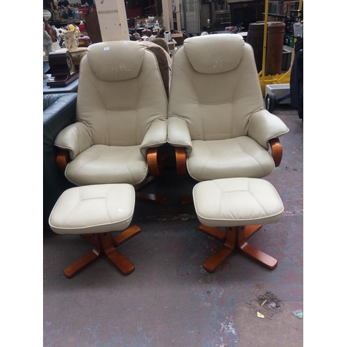 818 - A PAIR OF CREAM LEATHER EFFECT UPHOLSTERED STRESSLESS STYLE ARMCHAIRS  WITH MATCHING FOOTSTOOLS