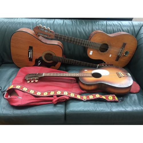 442 - TWO VINTAGE STEEL STRUNG ACOUSTIC GUITARS, A VINTAGE CLASSICAL GUITAR, ONE CARRY CASE AND A STRAP