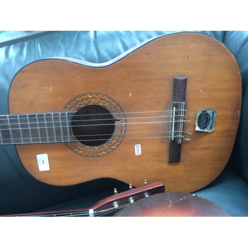 442 - TWO VINTAGE STEEL STRUNG ACOUSTIC GUITARS, A VINTAGE CLASSICAL GUITAR, ONE CARRY CASE AND A STRAP