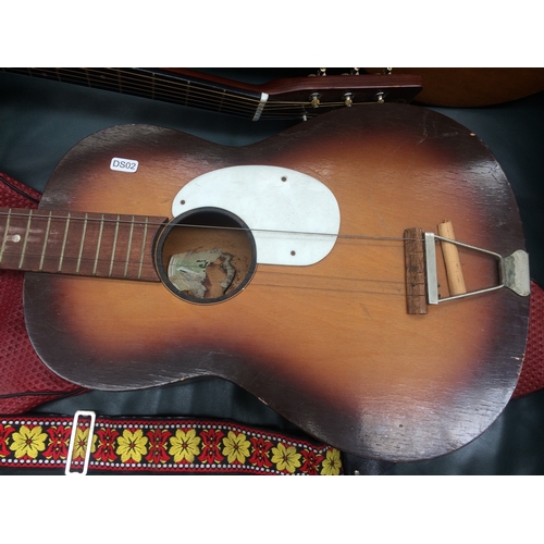 442 - TWO VINTAGE STEEL STRUNG ACOUSTIC GUITARS, A VINTAGE CLASSICAL GUITAR, ONE CARRY CASE AND A STRAP