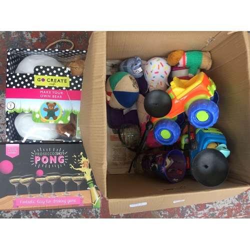 399A - BOX OF MIXED ITEMS TO INCLUDE TOYS AND GAMES, CANDLESTICKS, TOY BEAR MAKING, ETC.