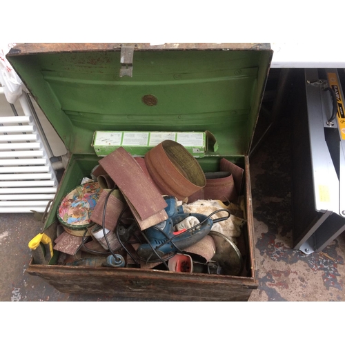 133 - A VINTAGE METAL TRAVELLING TRUNK CONTAINING SILVER LINE ELECTRIC ORBITAL SANDER AND DRILL, SANDING B... 