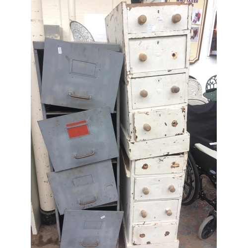 14 - THREE ITEMS TO INCLUDE A GREY METAL FOUR DRAWER OFFICE FILING CABINET TOGETHER WITH TWO VINTAGE WOOD... 