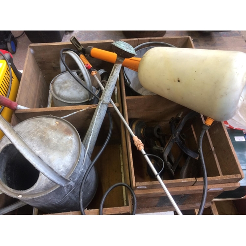 144 - TWO VINTAGE WOODEN BOXES CONTAINING GALVANISED WATERING CANS, COAL BUCKET, PRESSURE SPRAYER ETC