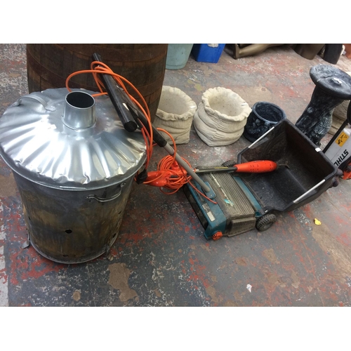 159 - THREE ITEMS TO INCLUDE A GALVANISED GARDEN DUSTBIN INCINERATOR, BLACK & DECKER LR400 ELECTRIC LAWN R... 