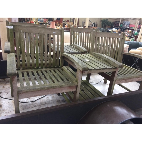 21 - A WOODEN TWO SEAT GARDEN CHAIR SET WITH CENTRAL TABLE