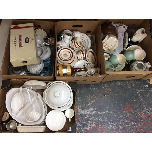 306 - SIX BOXES AND TWO BAGS CONTAINING MIXED CERAMICS AND GLASSWARE TO INCLUDE CUPS AND SAUCERS, KITCHENW... 