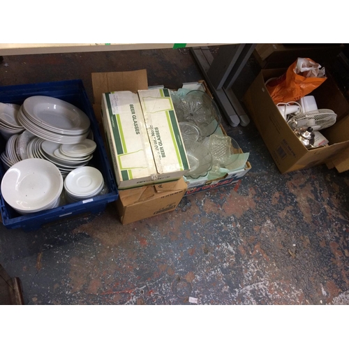 307 - FIVE BOXES CONTAINING MIXED ITEMS TO INCLUDE CERAMICS, SILVER PLATED WARE, GLASSWARE, VINTAGE FIRST ... 