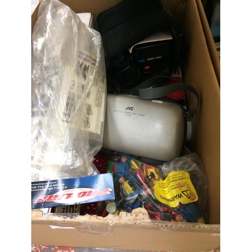 308 - TWO BOXES AND A SUITCASE CONTAINING DVDS, STATIONERY, TOYS, CAMERAS ETC