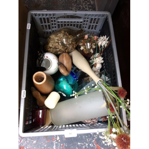 315 - A BOX CONTAINING VASES, GLASSWARE, CERAMICS, ORNAMENTS ETC